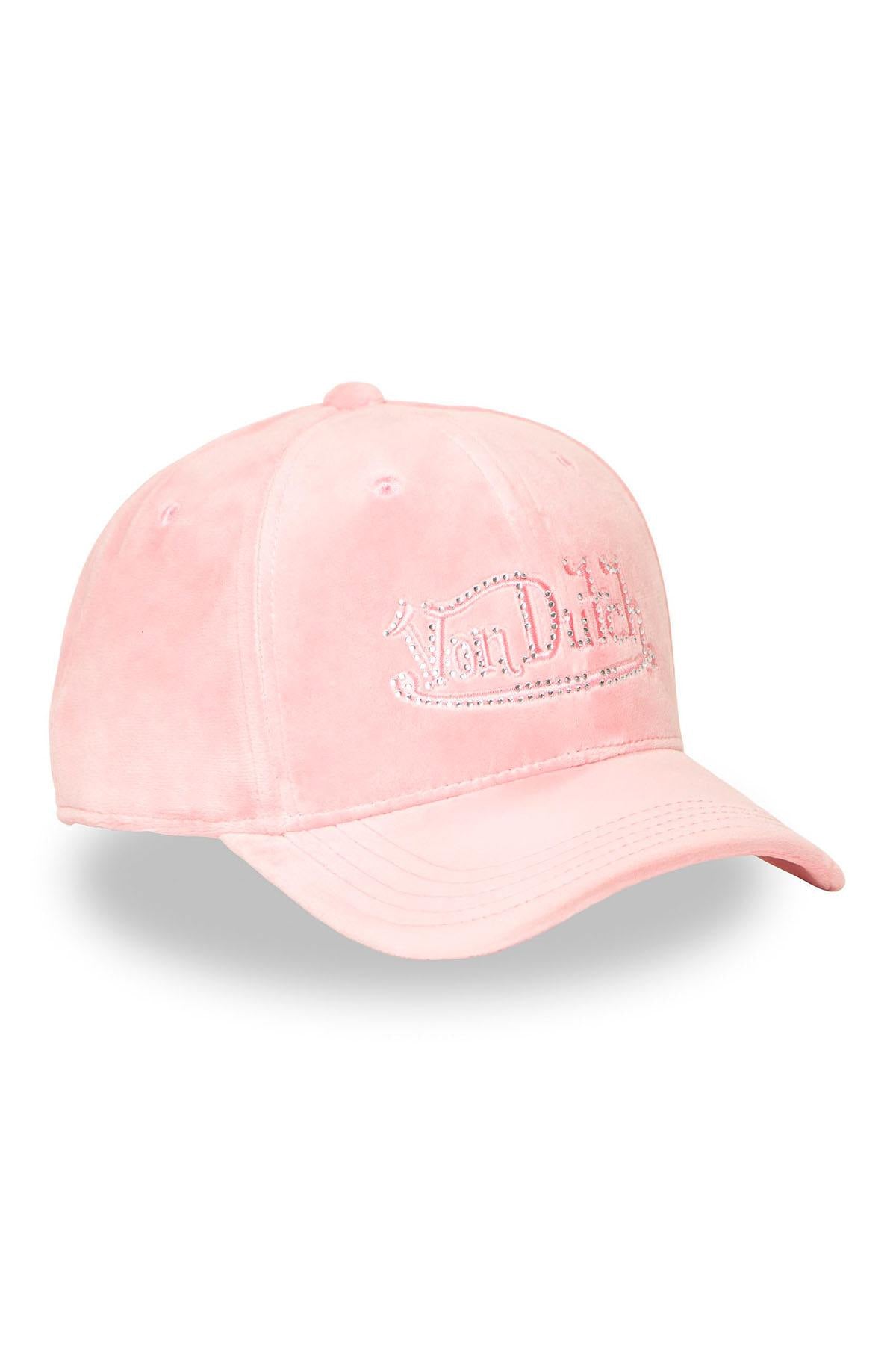 Pastel pink velvet cotton cap with rhinestone logo - Image n°7