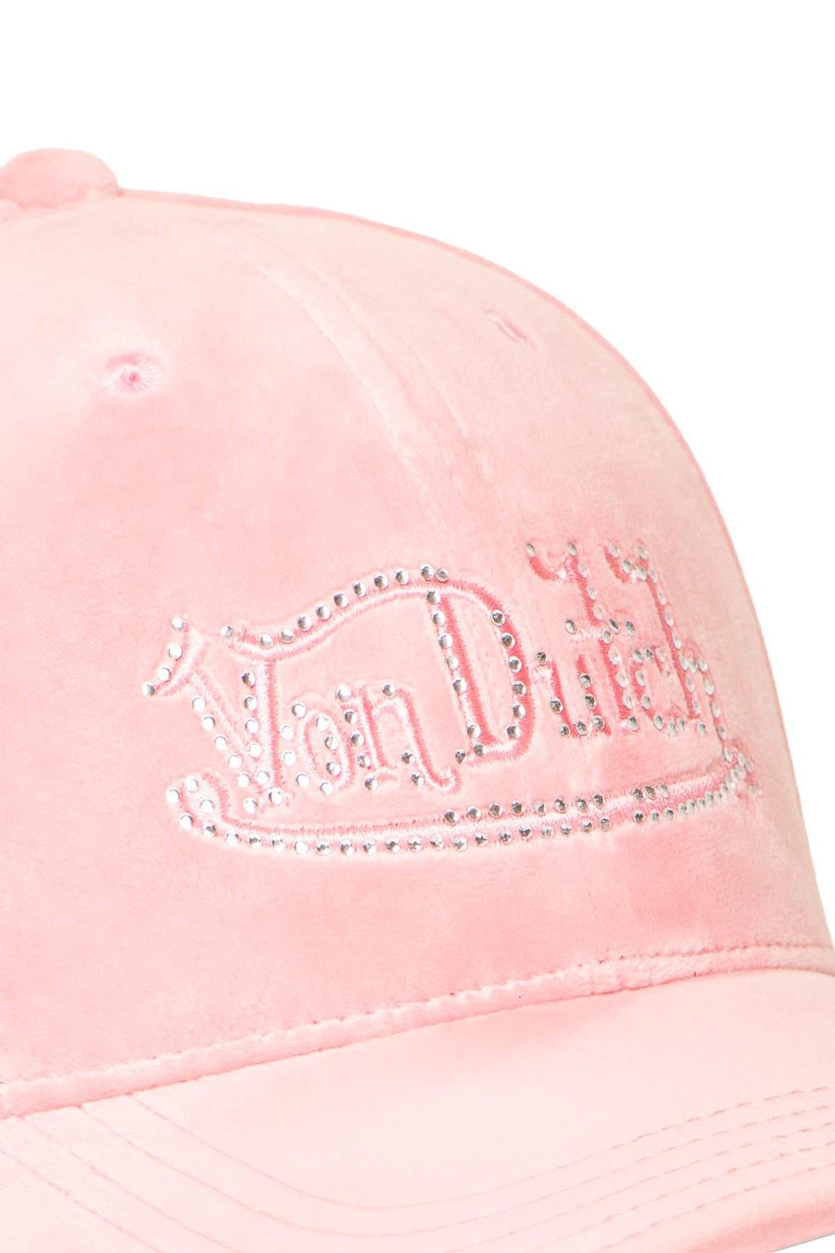 Pastel pink velvet cotton cap with rhinestone logo - Image n°3