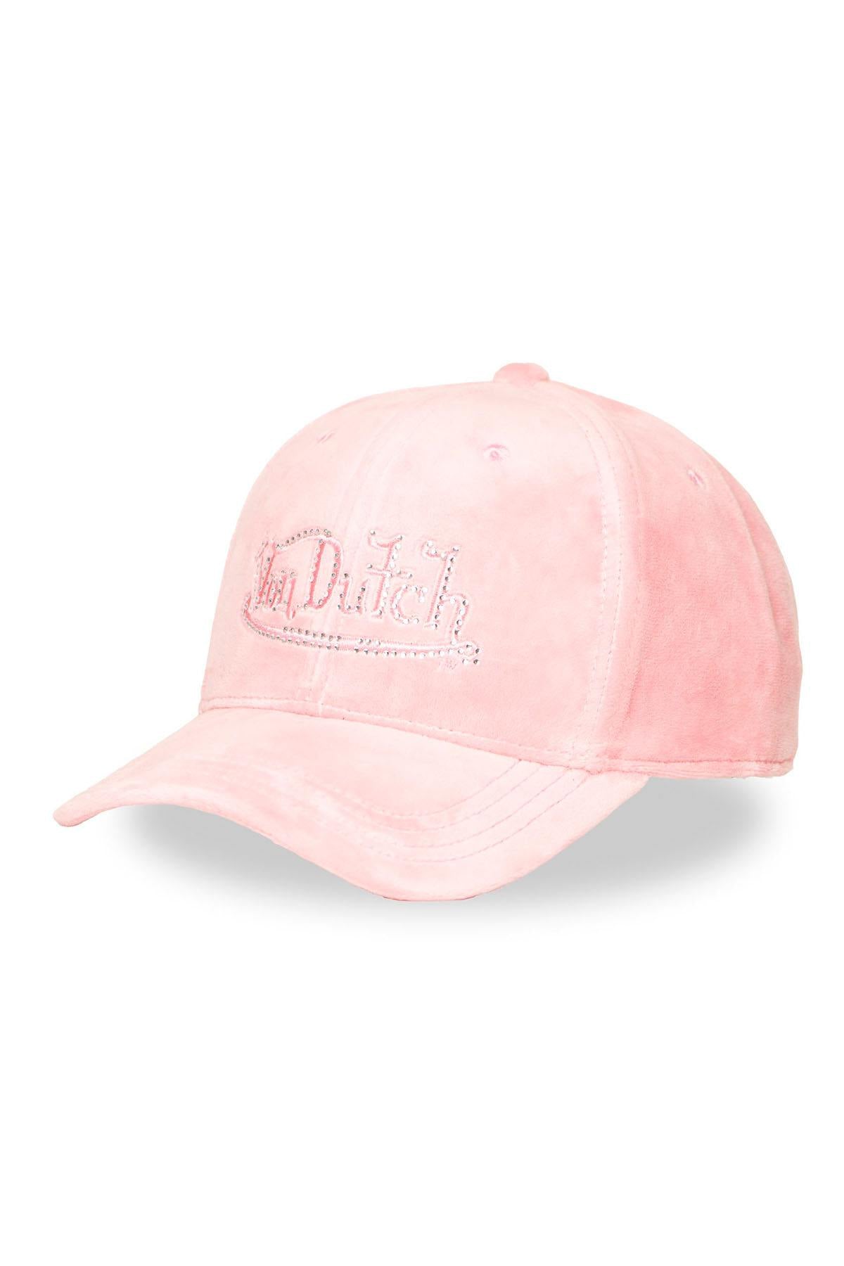 Pastel pink velvet cotton cap with rhinestone logo - Image n°1