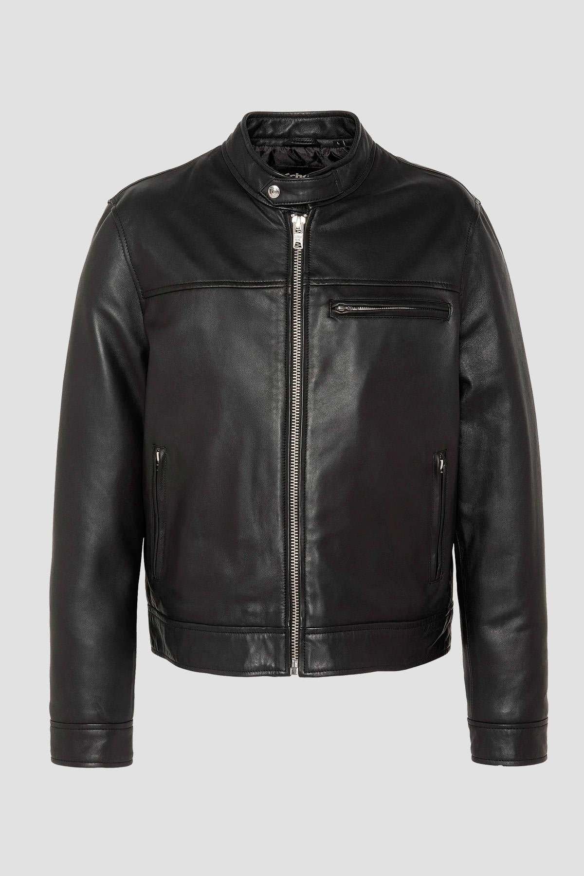 Black leather biker-collar jacket - Image n°1