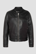 Black leather biker-collar jacket - Image n°1