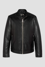 sleek black leather biker-collar jacket - Image n°3