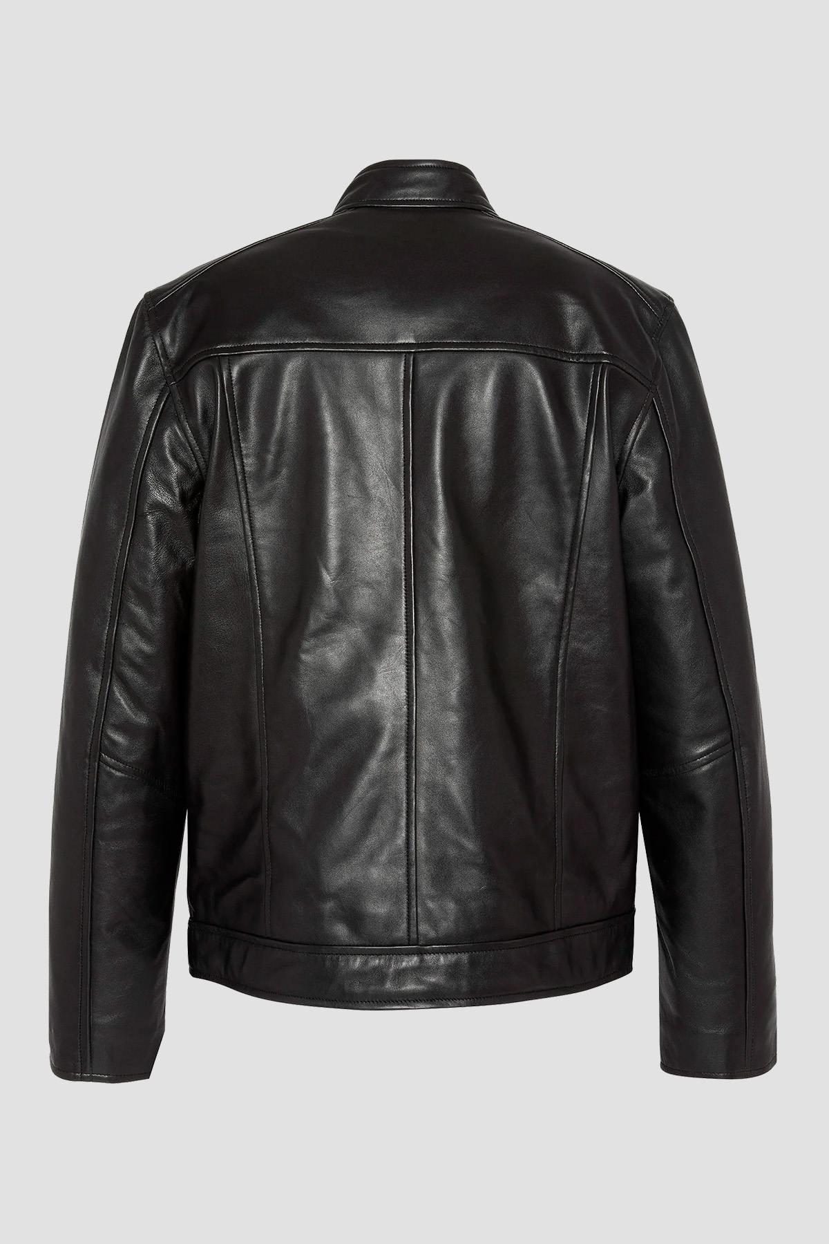sleek black leather biker-collar jacket - Image n°4