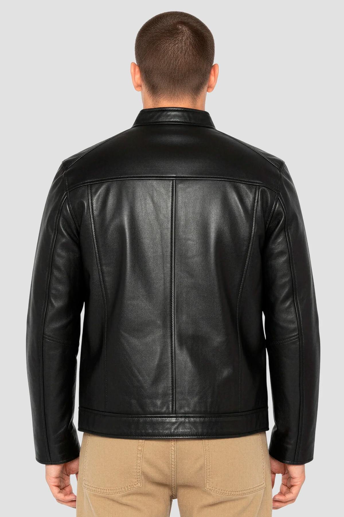 sleek black leather biker-collar jacket - Image n°2