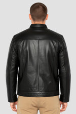 sleek black leather biker-collar jacket - Image n°2