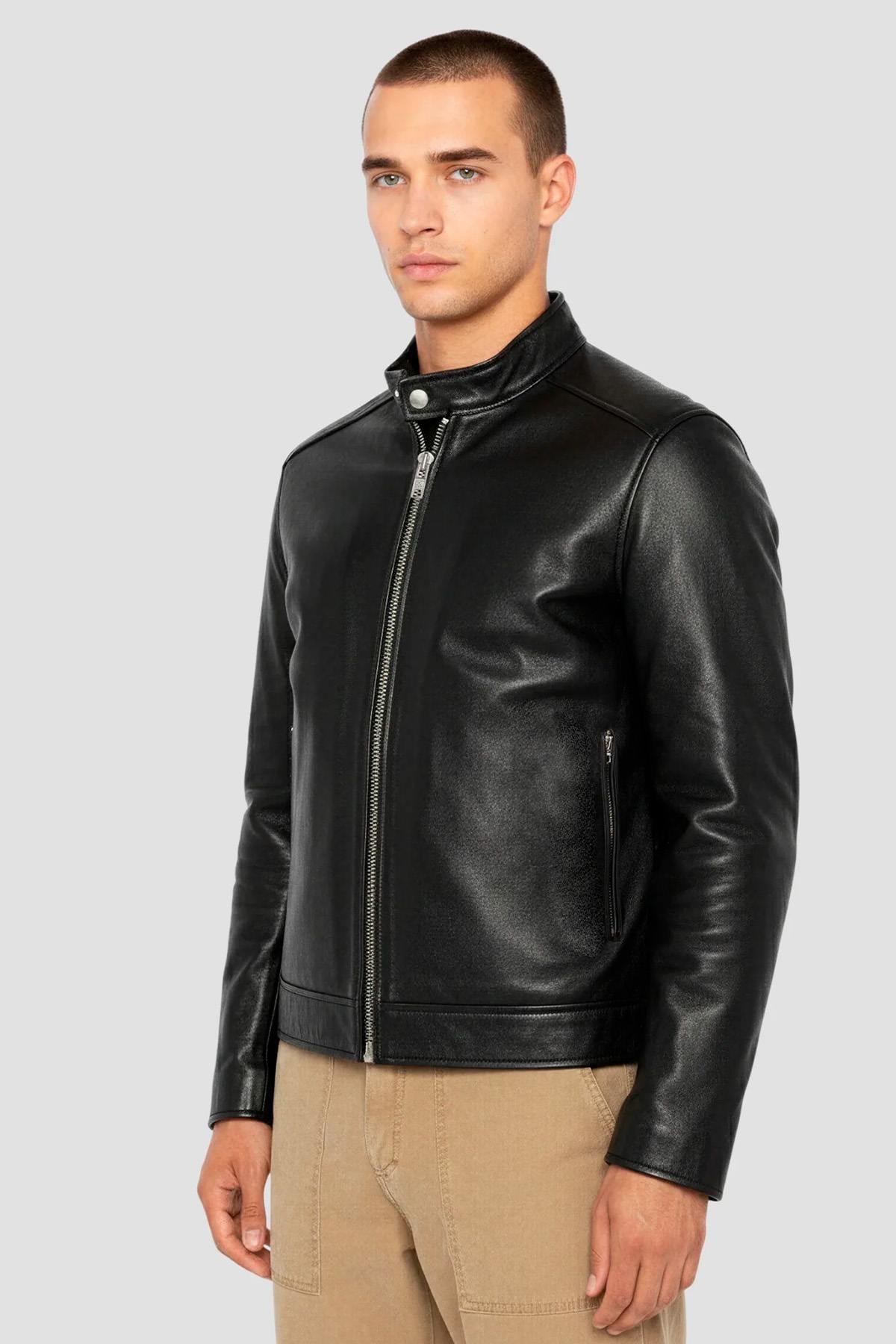 sleek black leather biker-collar jacket - Image n°1
