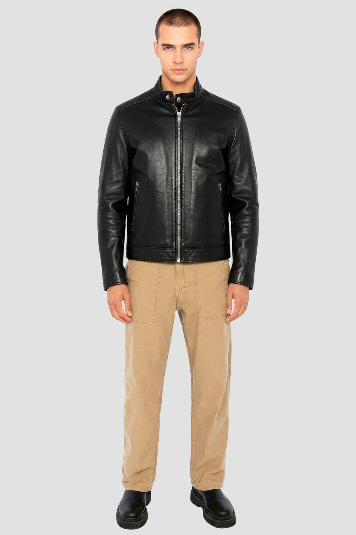 sleek black leather biker-collar jacket - Image n°5