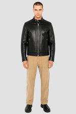sleek black leather biker-collar jacket - Image n°5