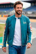 Sheep leather jacket in mallard blue. Le Mans-inspired, sporty style. - Image n°1
