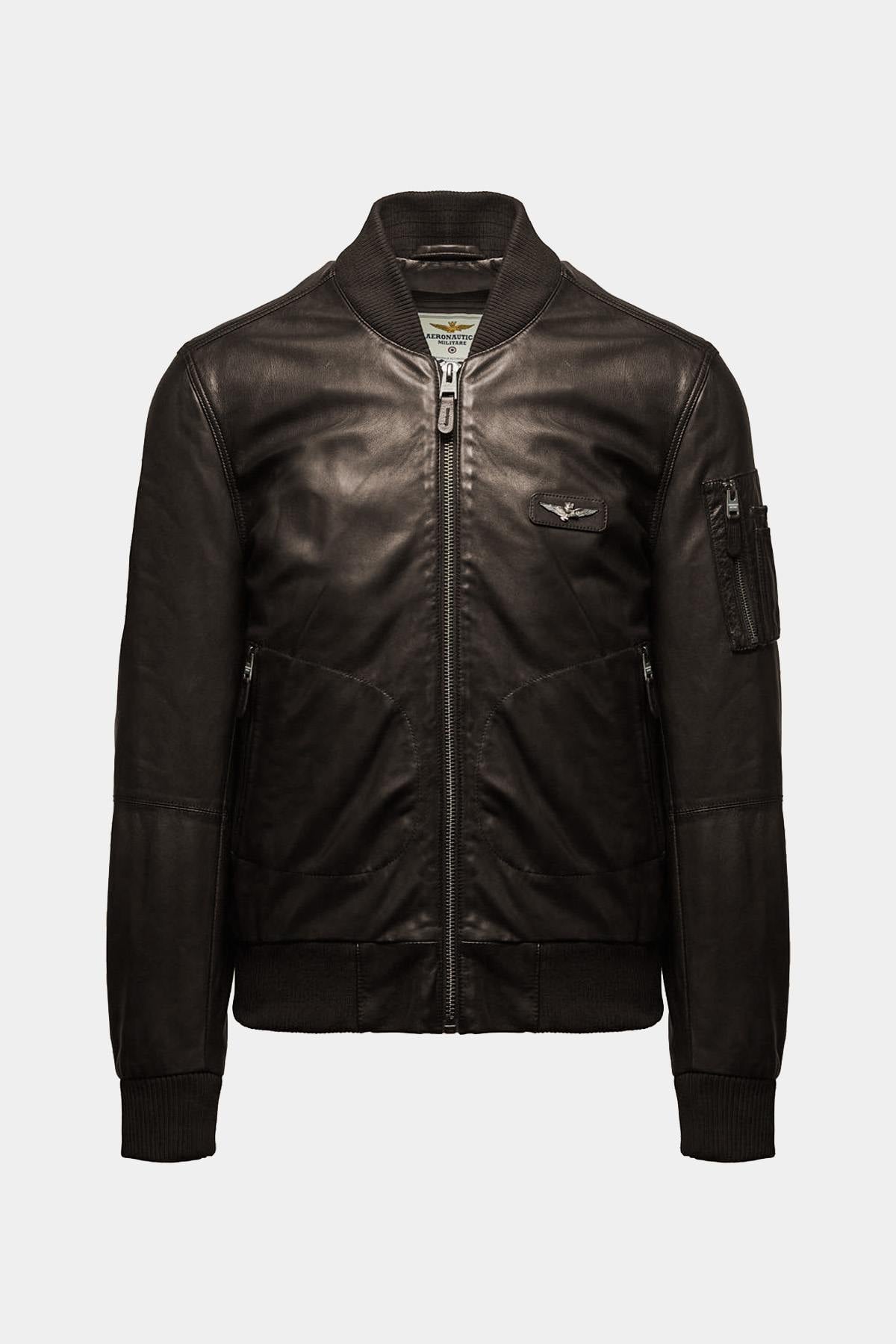 Brown leather bomber jacket with metal eagle on the chest - Image n°7