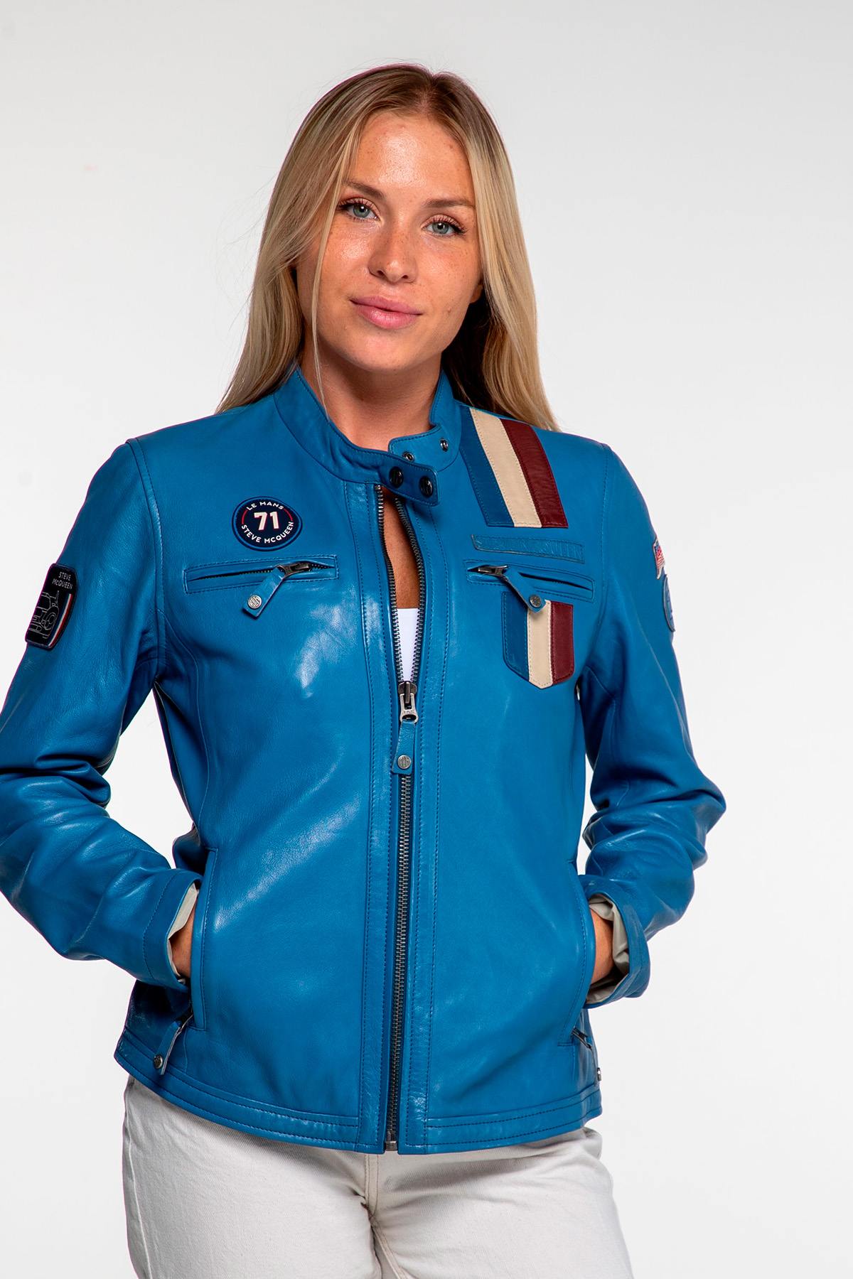 Women's blue racing leather jacket - Image n°3