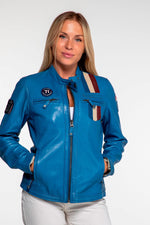 Women's blue racing leather jacket - Image n°3