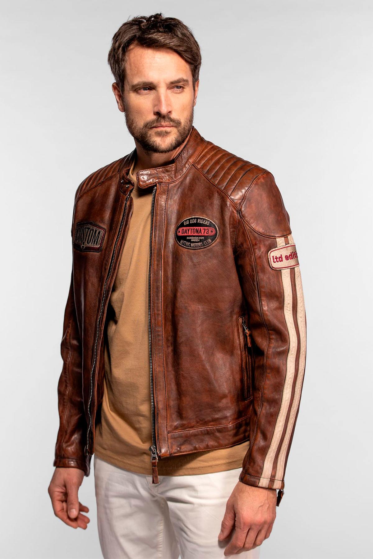 Brown leather racing jacket with a vintage look - Image n°1