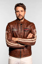 Brown leather racing jacket with a vintage look - Image n°3