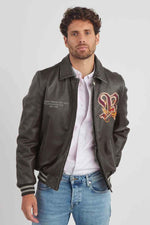 Khaki leather jacket with shirt collar and dragon embroidery - Image n°2