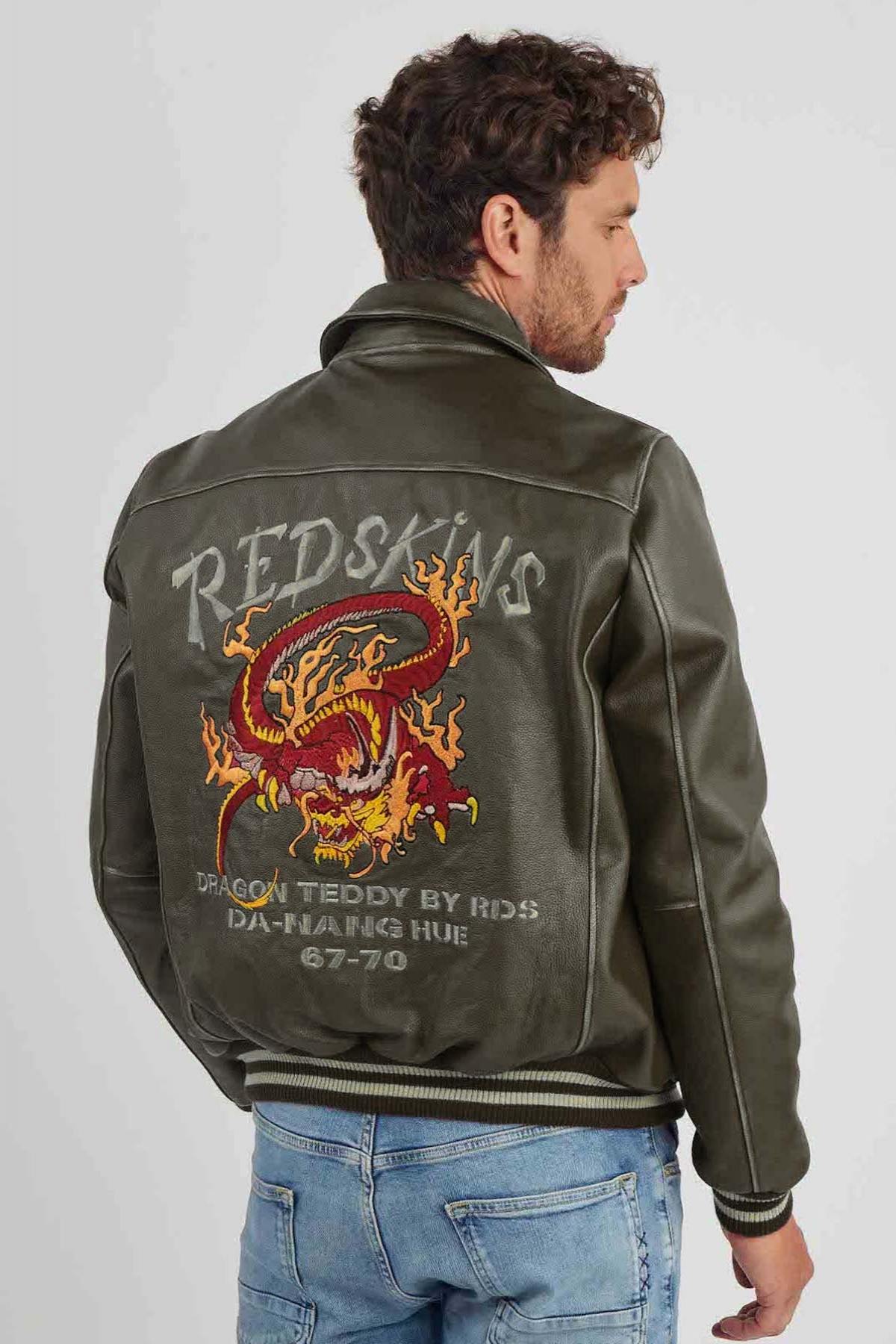 Khaki leather jacket with shirt collar and dragon embroidery - Image n°1