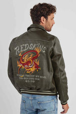 Khaki leather jacket with shirt collar and dragon embroidery - Image n°1