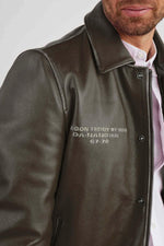 Khaki leather jacket with shirt collar and dragon embroidery - Image n°3