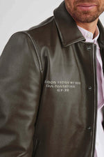 Khaki leather jacket with shirt collar and dragon embroidery - Image n°3