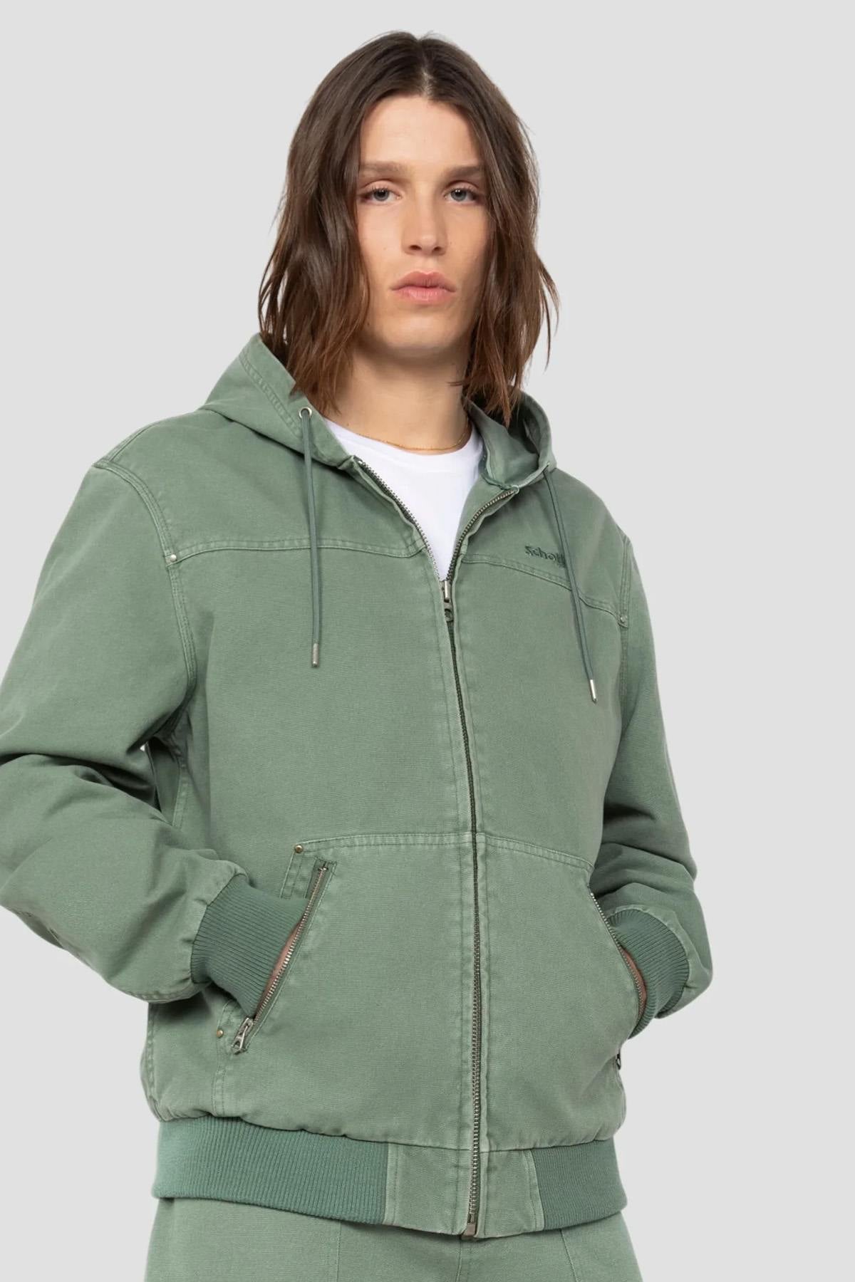 Smoke green canvas hooded jacket - Image n°1