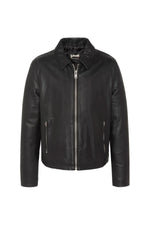 Black simple shirt-collar leather jacket - Image n°7
