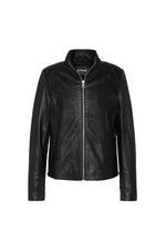 Women's black leather openwork jacket with round neck - Image n°1