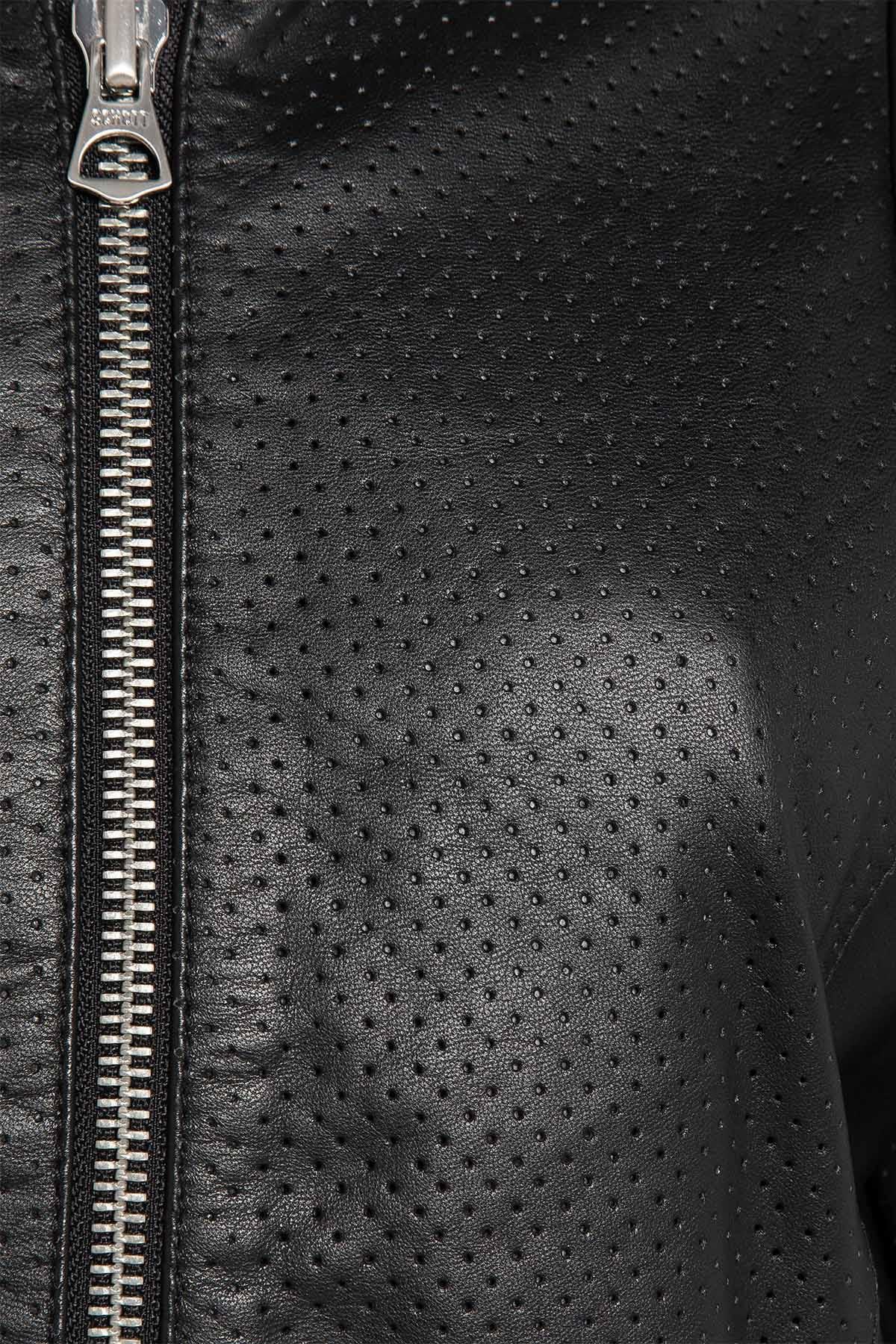 Women's black leather openwork jacket with round neck - Image n°5