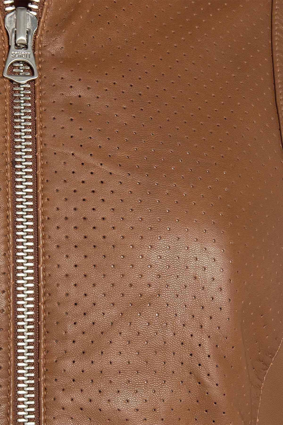 Women's brown perforated leather jacket with round neck - Image n°2