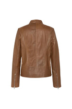 Women's brown perforated leather jacket with round neck - Image n°3