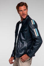 Navy blue racing-style leather jacket with biker collar - Image n°2