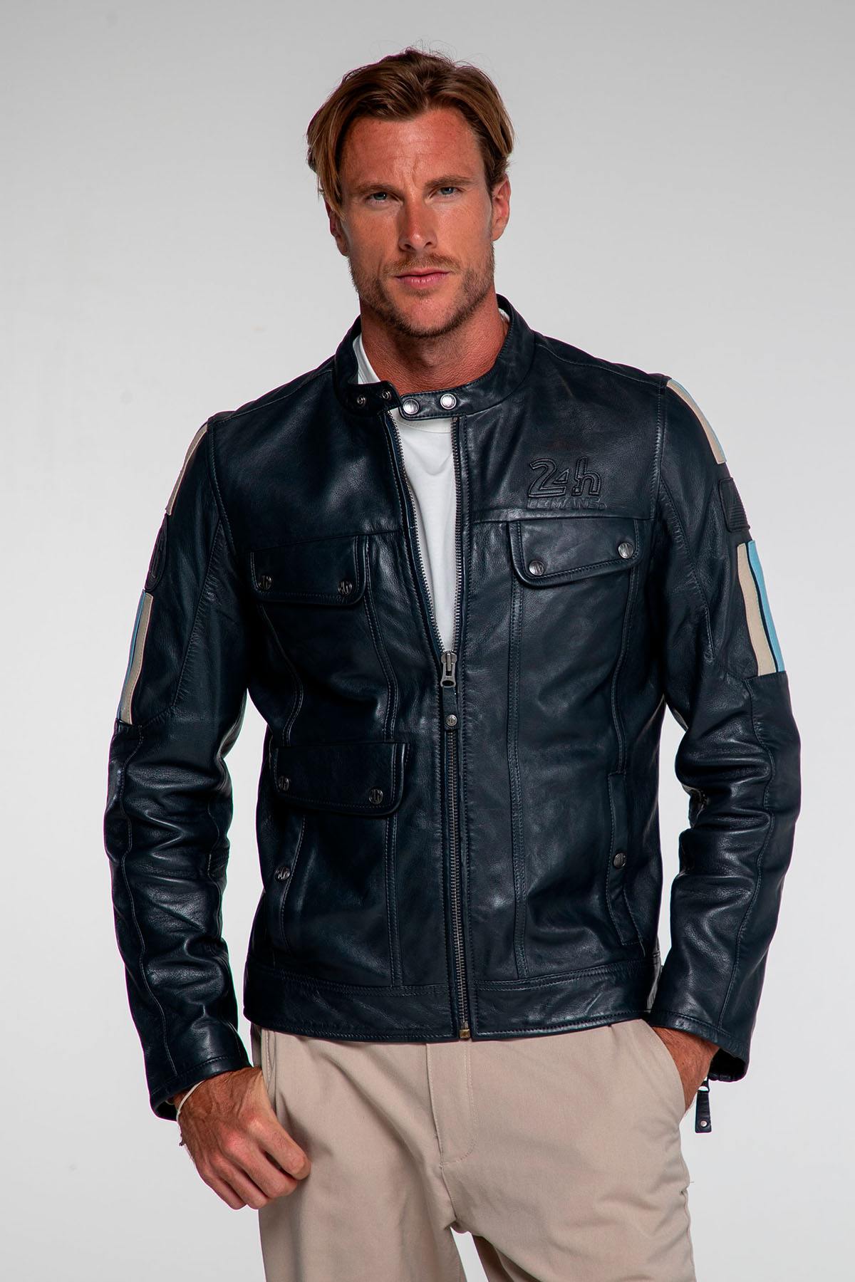 Navy blue racing-style leather jacket with biker collar - Image n°4