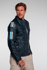 Navy blue racing-style leather jacket with biker collar - Image n°6