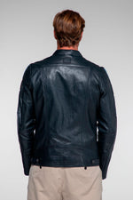 Navy blue racing-style leather jacket with biker collar - Image n°5