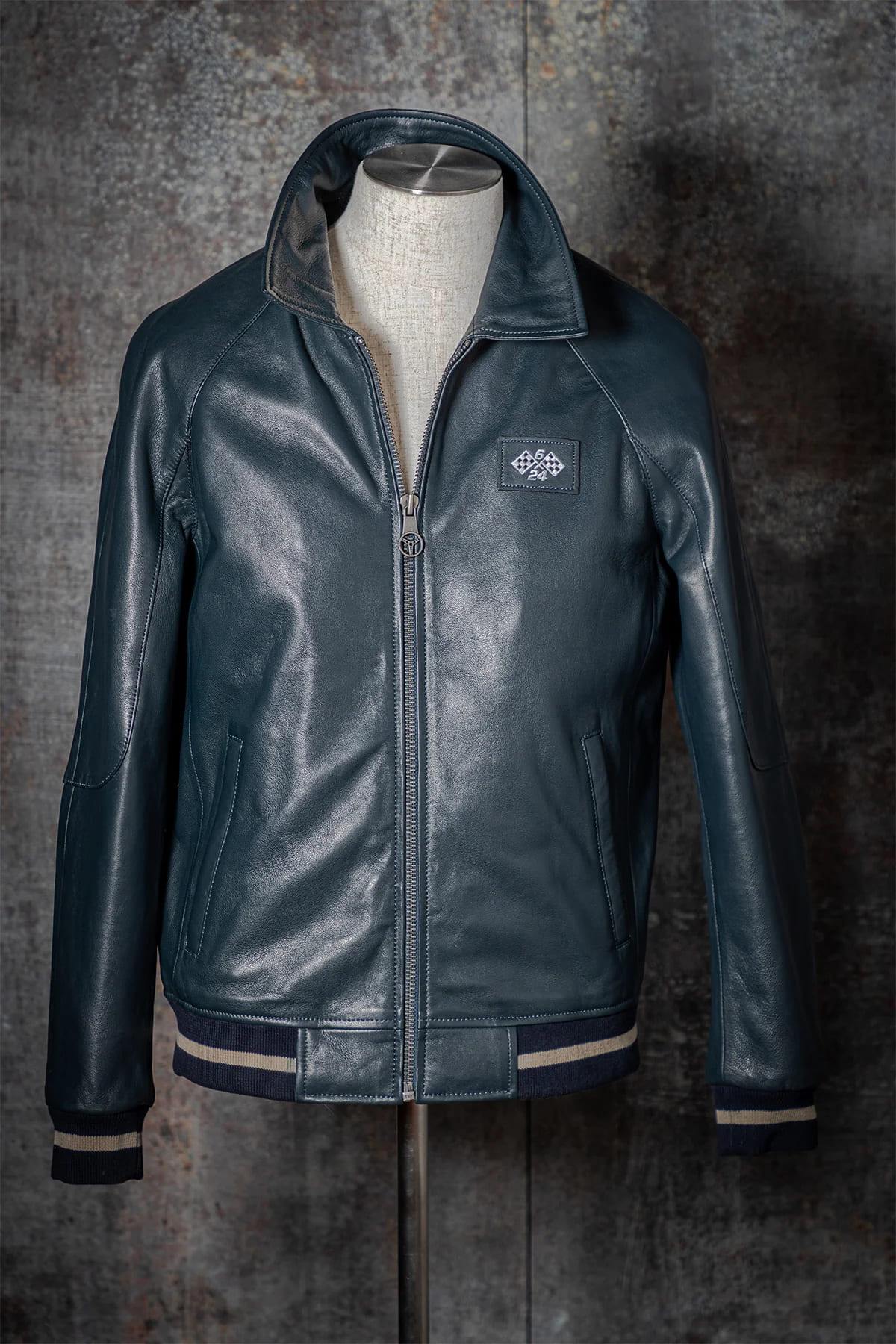 Jacky Ickx navy blue leather jacket with shirt collar - Image n°7