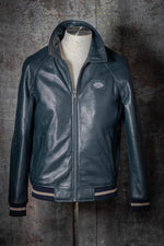 Jacky Ickx navy blue leather jacket with shirt collar - Image n°7