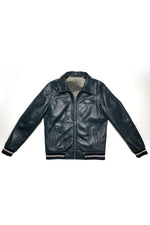 Jacky Ickx navy blue leather jacket with shirt collar - Image n°5