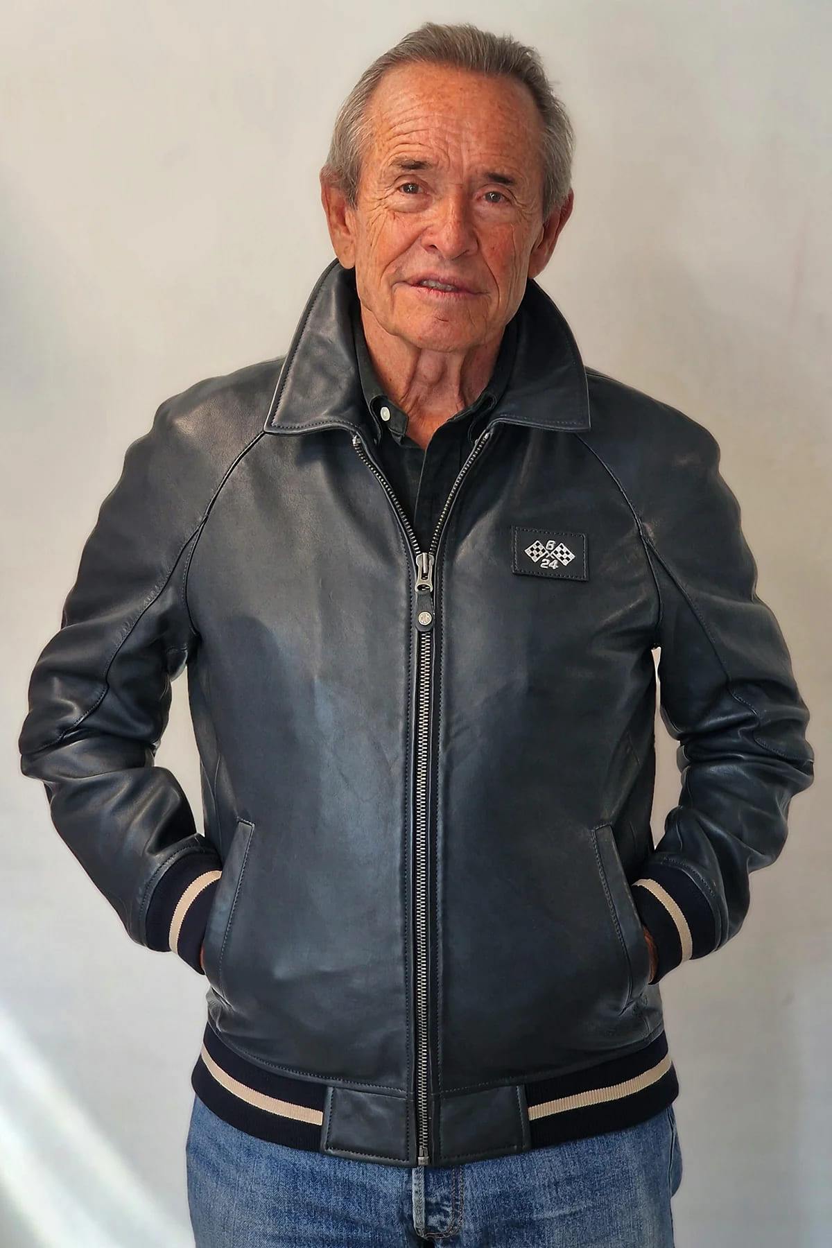 Jacky Ickx navy blue leather jacket with shirt collar - Image n°1