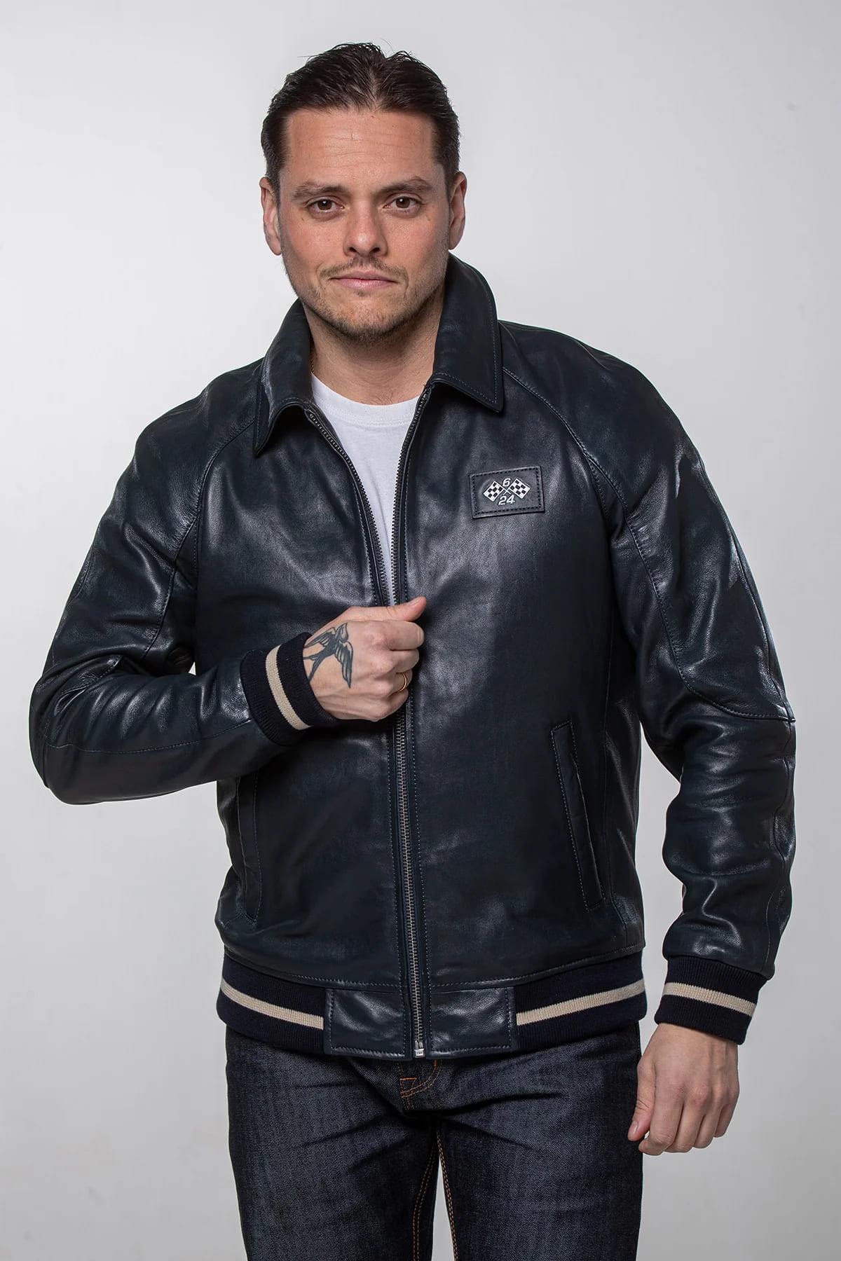 Jacky Ickx navy blue leather jacket with shirt collar - Image n°4