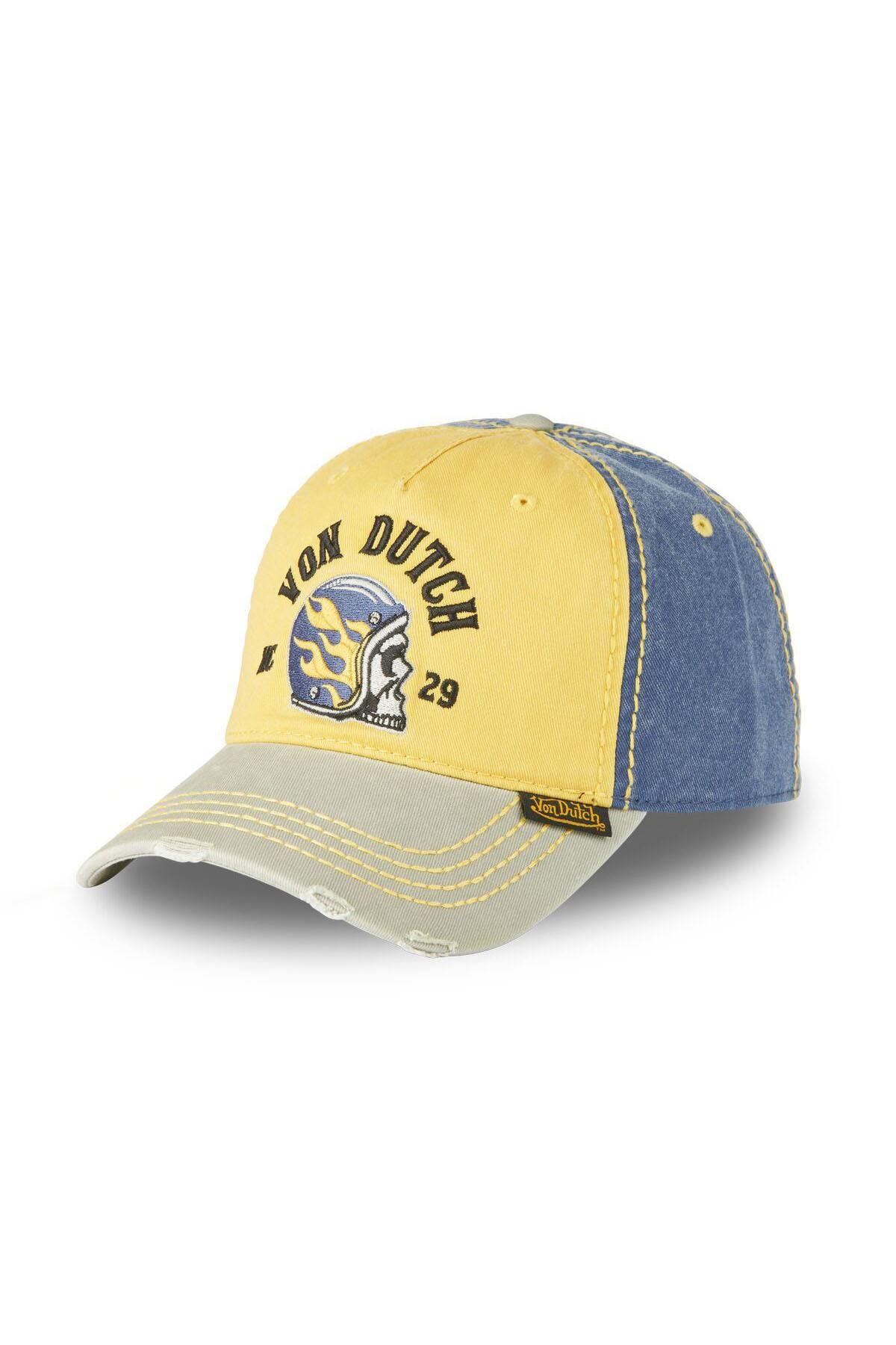 Grey, yellow and blue embroidered cap with a distressed effect - Image n°1