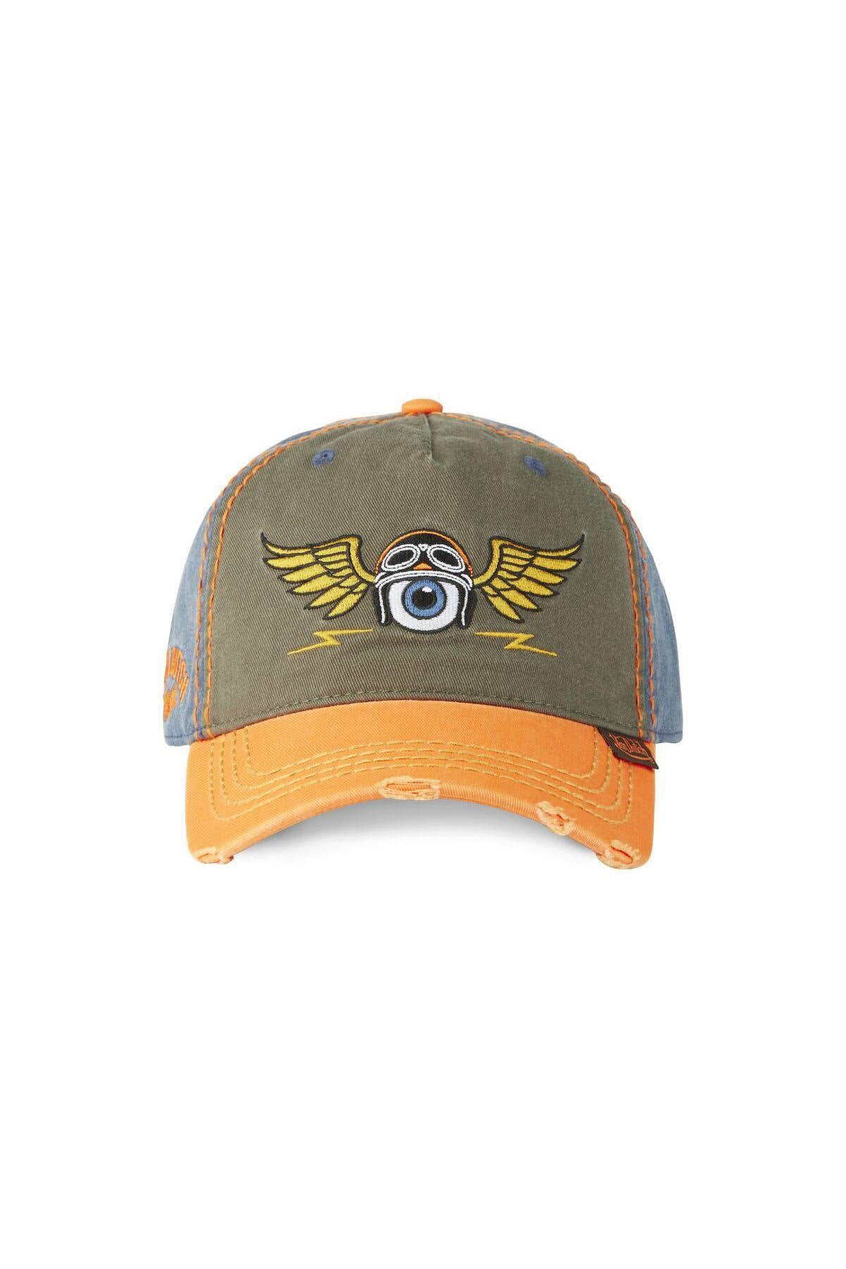 Embroidered cap in orange, khaki and blue with a distressed effect - Image n°4
