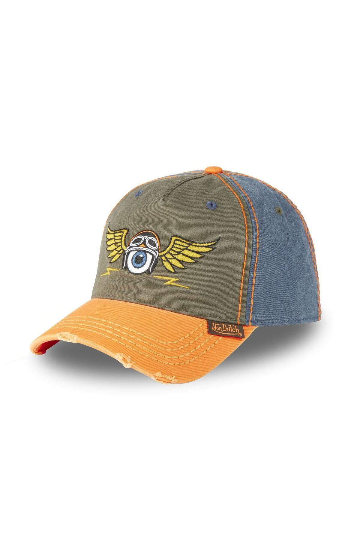 Embroidered cap in orange, khaki and blue with a distressed effect - Image n°1