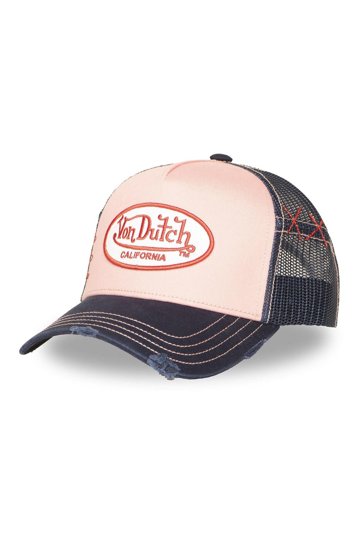 Pink and blue denim cap with a distressed effect - Image n°1