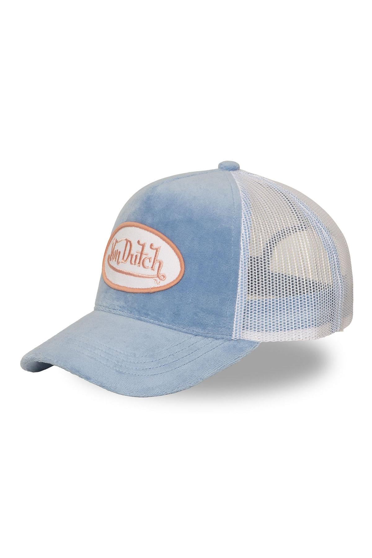 Blue velvet trucker cap with logo badge - Image n°1