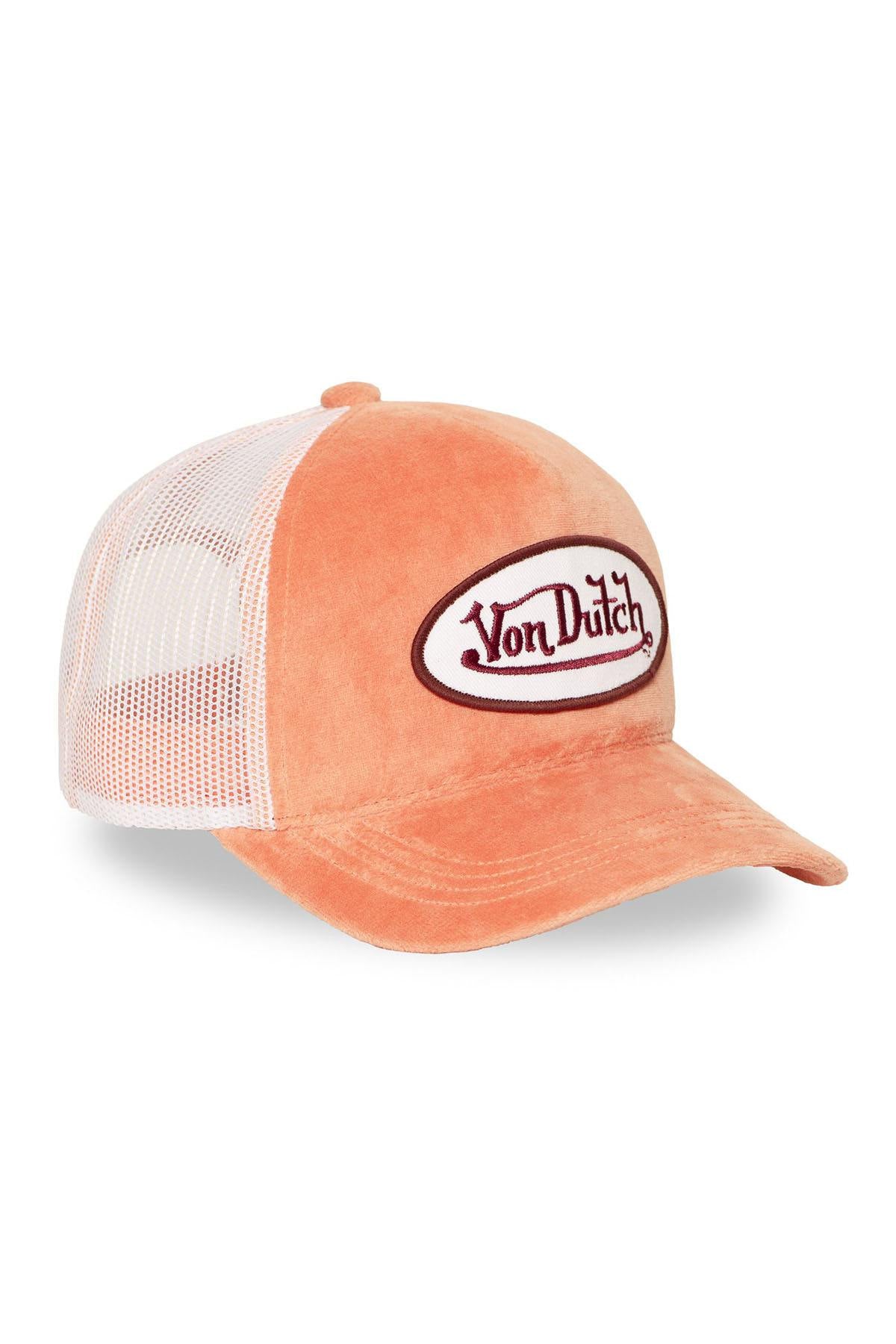 Coral orange velvet trucker cap with logo badge - Image n°6