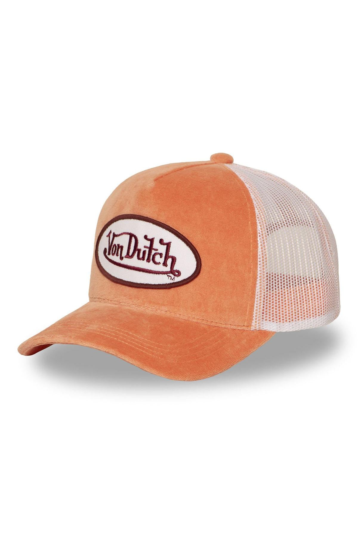 Coral orange velvet trucker cap with logo badge - Image n°1