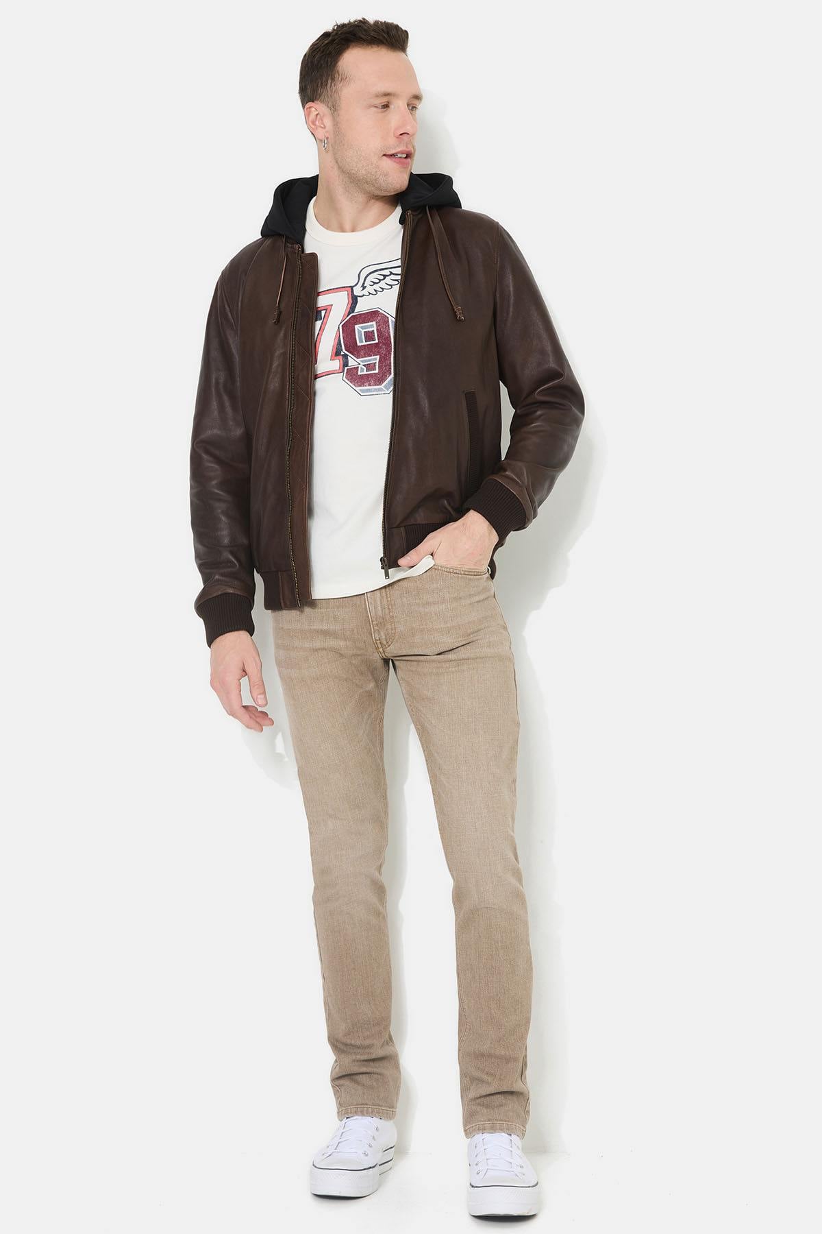 Brown leather jacket with removable black hood - Image n°8