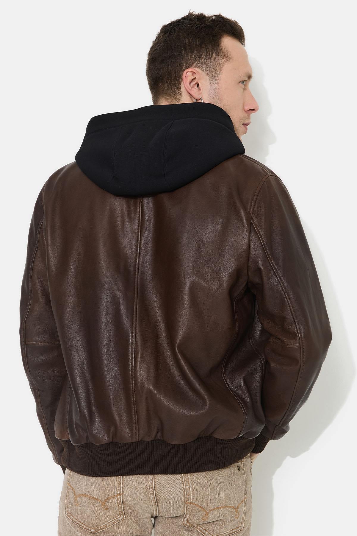Brown leather jacket with removable black hood - Image n°2
