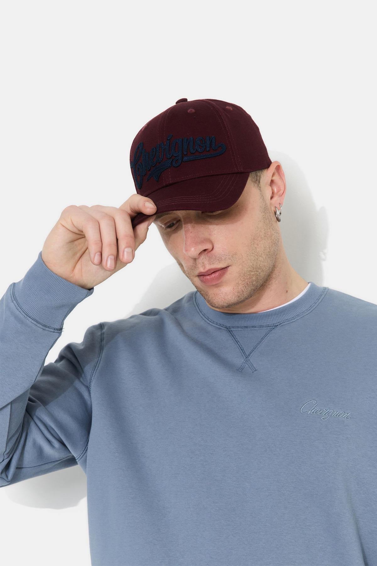 Burgundy baseball cap, 100% cotton, with navy blue 3D embroidery - Image n°2