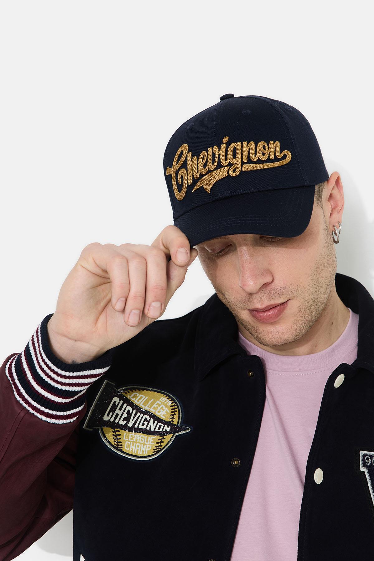 Navy blue baseball cap, 100% cotton, with yellow 3D embroidery - Image n°2