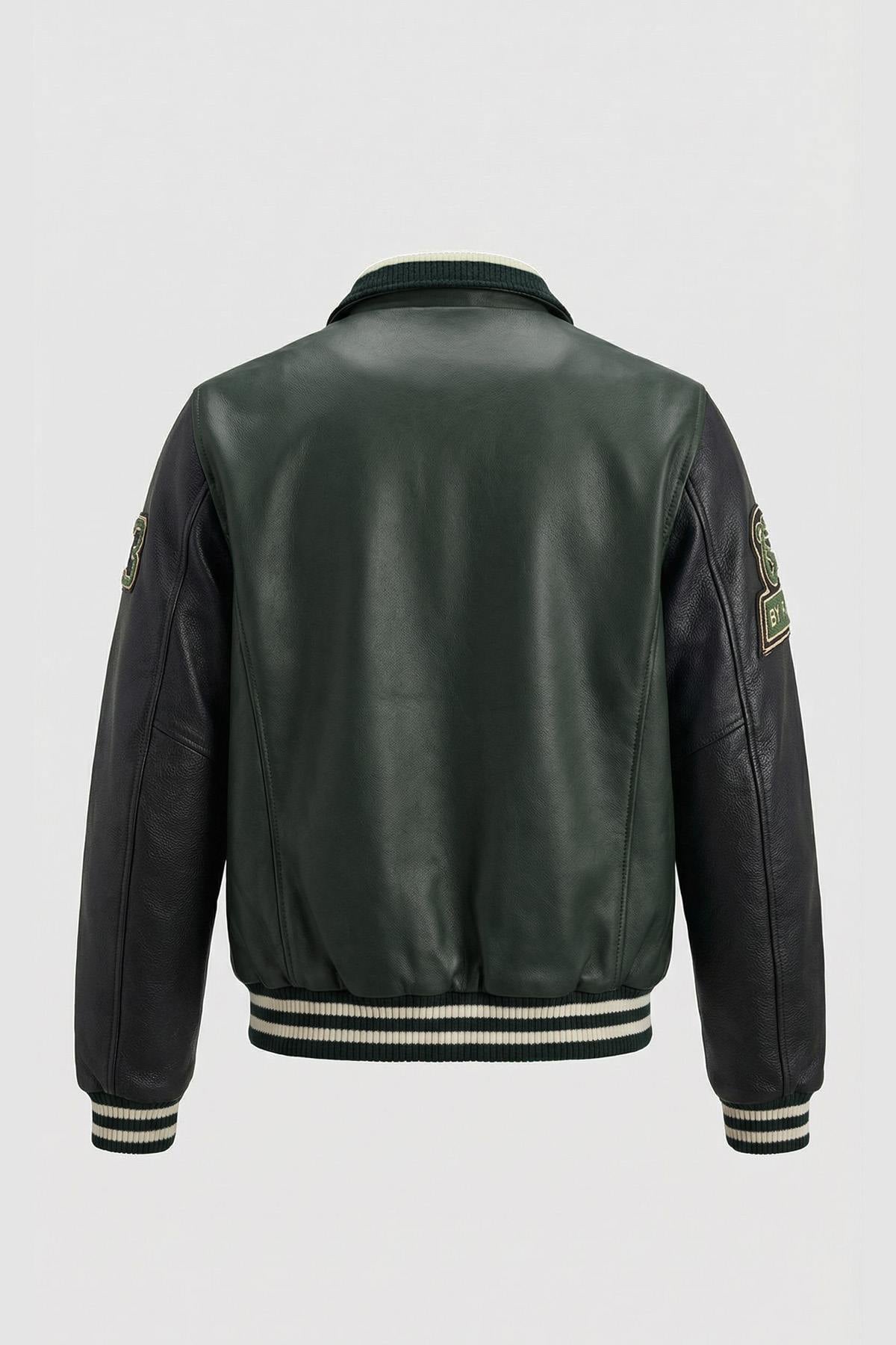 Green and black leather varsity jacket with shirt collar - Image n°3